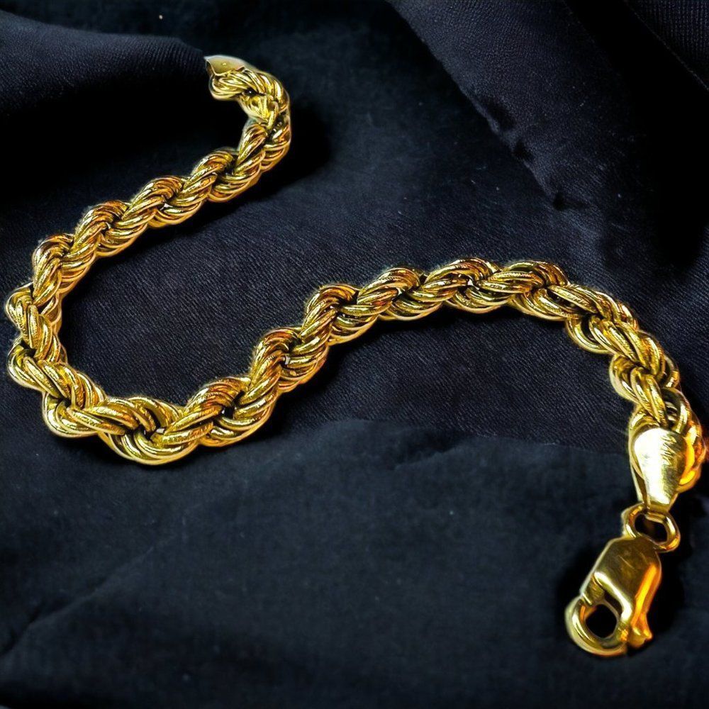 Vintage 14k Yellow Gold 6mm Rope Bracelet 7.25" Hand Crafted Cable Rings 4.5g - Picture 11 of 16